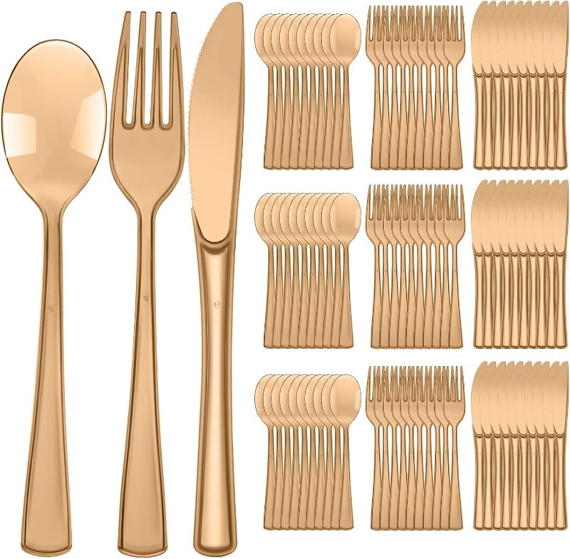 Photo 1 of 150 Pieces Disposable Cutlery Set Plastic Silverware Heavy Duty Utensil Sets 50 Forks 50 Knives 50 Spoons for Home Office School Party Picnics Restaurant Outdoor Events or Every Day Use (Coffee)