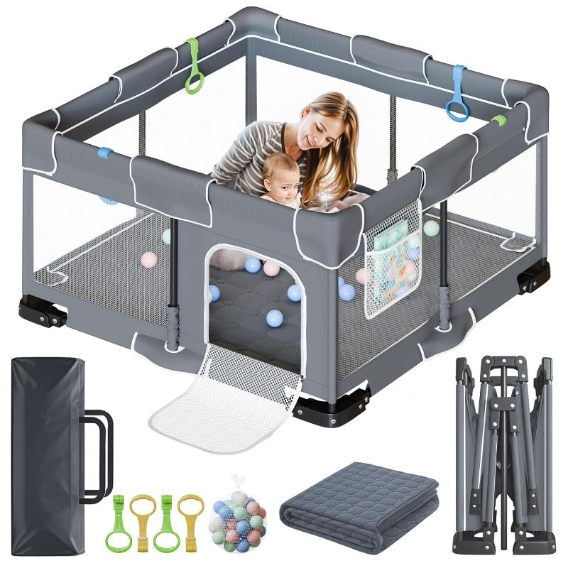 Photo 1 of POZILAN Foldable Baby Playpen, Baby Playpen with Mat for Babies and Toddlers, Baby Play Pen Portable Play Yard with 30PCS Ocean Balls and 4 Handlers, 50" X 50", Grey 