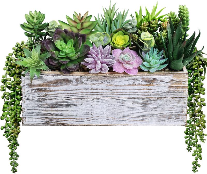 Photo 1 of 19 Pcs Assorted Artificial Succulents Fake Plants in Rectangular Wooden Pot Succulents Garden in Wood Planter Box Potted Succulents Plants Arrangement for Table Centerpiece Windowsill Greenery Decor 