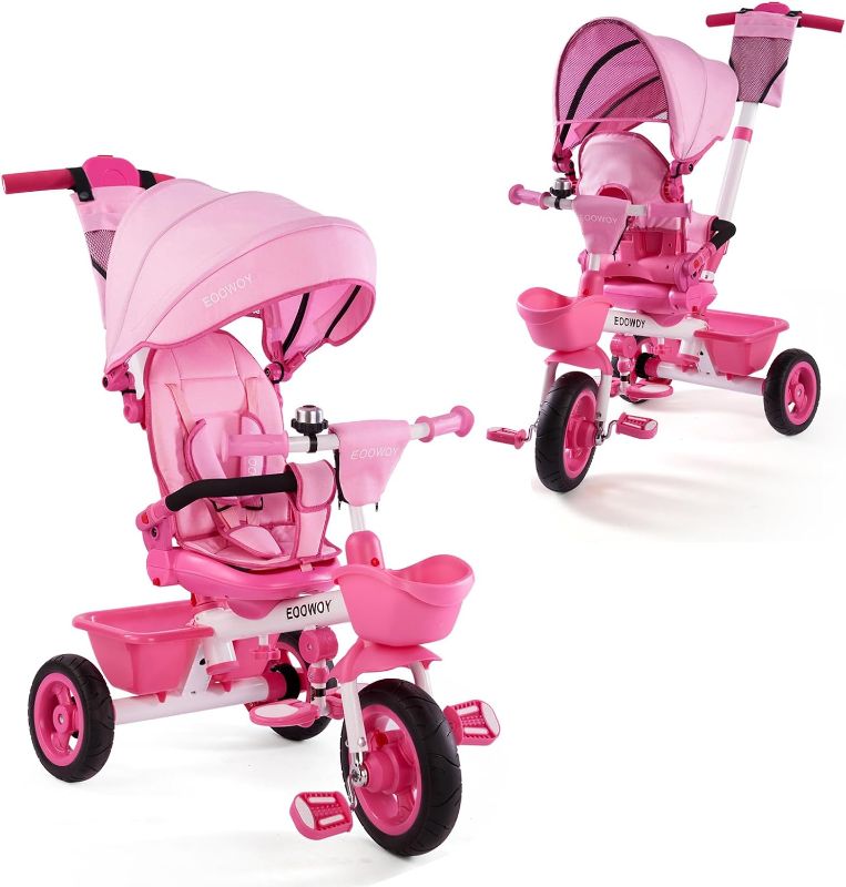 Photo 1 of EOOWOY Baby Trike, 6-in-1 Kids Tricycle with Adjustable Push Handle, Removable Canopy, Safety Harness for 18 Months - 5 Year Old(Pink) 