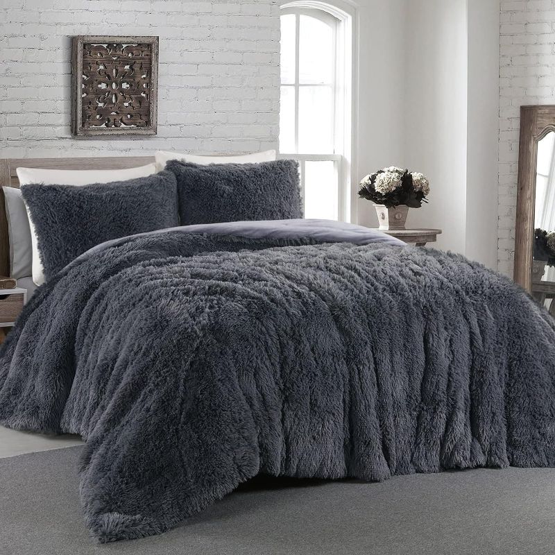 Photo 1 of HOMBYS Oversized King Faux Fur Fluffy Comforter Set 120x120, 3 Piece Shaggy Plush Velvet Bedding Thick Comforter with Shams, Extra Soft and Warm