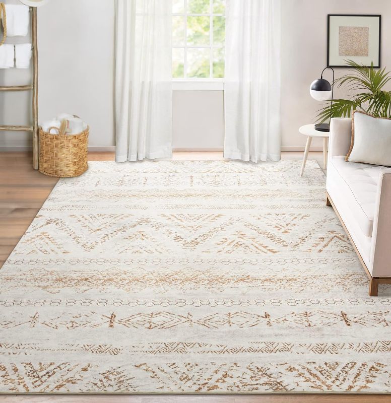 Photo 1 of Area Rug Living Room Carpet: 8x10 Large Moroccan Soft Fluffy Geometric Washable Bedroom Rugs Dining Room Home Office Nursery Low Pile Decor Under Kitchen Table Light Brown/Ivory 