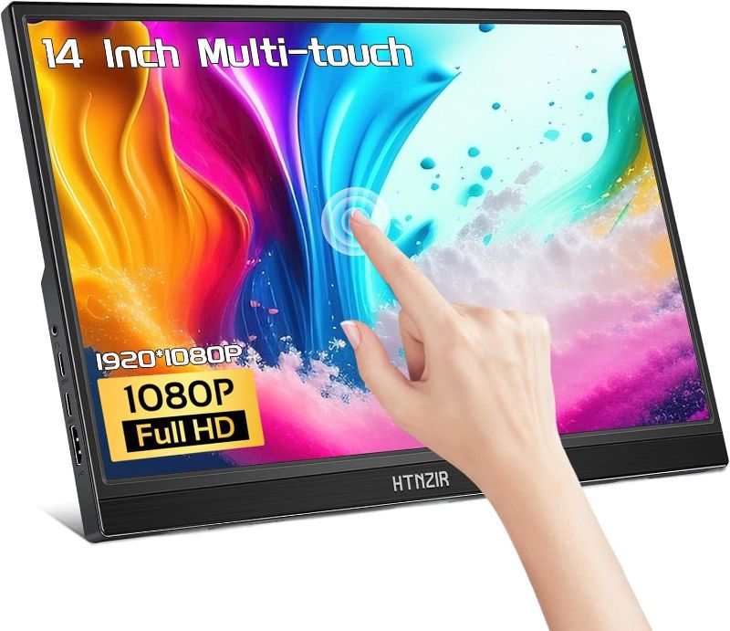 Photo 1 of HTNZIR 14 Inch Portable Touchscreen Monitor, HDR, Plug&Play IPS 1080P Display with Kickstand & Speakers, USBC, HDMI, External Touchscreen Monitor for Laptop PC Phone Mac Xbox PS5/PS4