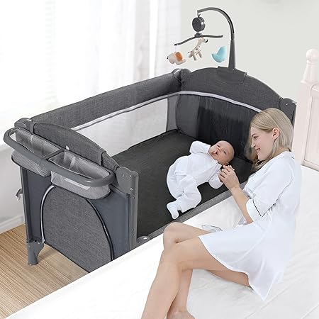 Photo 1 of Jaoul Baby Bassinet Bedside Sleeper Baby Crib, Pack and Play with Bassinet and Changing Table, Portable Travel Baby Playpen with Bassinet Toys & Music Box, Mattress for Girl Boy Infant Newborn Gray ;;;;;;;;;;