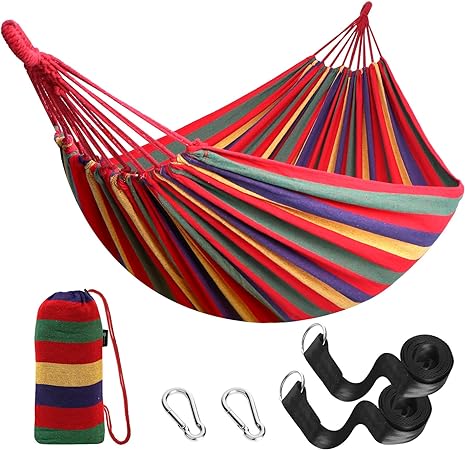 Photo 1 of Anyoo Garden Cotton Hammock Comfortable Fabric Hammock with Tree Straps for Hanging Sturdy Hammock Up to 660lbs Portable Hammock with Travel Bag for Camping Outdoor/Indoor Patio Backyard