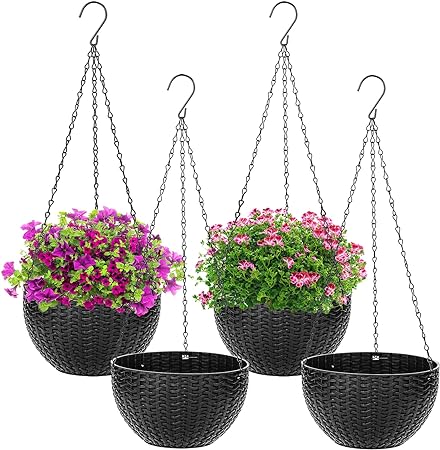 Photo 1 of Foraineam 4 Pack Black Hanging Planters, 8.2 inch Hanging Flower Basket Planter Pots, Garden Plant Pot Container, Balcony Patio Hanging Basket Planters with Drainage Hole for Indoor and Outdoor Use 