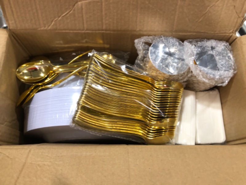 Photo 1 of 350 Piece MCIRCO Gold Dinnerware Set - 100 Gold Rim Plastic Plates - 50 Gold Plastic Silverware - 50 Gold Plastic Cups - 50 Linen Like Gold Paper Napkins, 50 Guest Disposable Gold Dinnerware Set