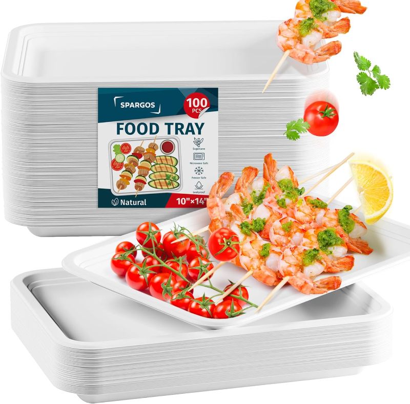 Photo 1 of 100 Pack 14 Inch Heavy Duty Disposable Food Trays Compostable Large Paper Plates Made From Natural Material Biodegradable for Party Serving Crawfish Lobster Crab BBQ Holiday Feast Seafood Supplies 1 Compartment Trays 100 pcs