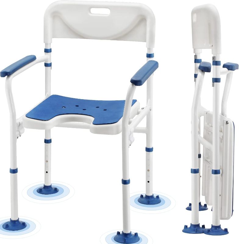 Photo 1 of U-Shaped Shower Chair with Arms and Back, Non-Slip Shower Chair for Inside Shower with 350 lb Capacity, 6-Level Adjustable Shower Chair for Elderly, Handicap, Pregnant, for Private Washing Suction Cup Feet