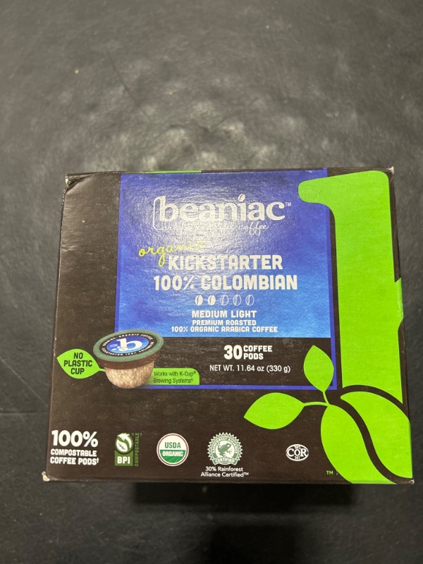 Photo 2 of beaniac Organic Kickstarter 100% Colombian, Medium Light Roast, Single Serve Coffee K Cup Pods, Rainforest Alliance Certified Organic Arabica Coffee, 30 Compostable Coffee Pods, Keurig Brewer Compatible Kickstarter 100% Colombian 30 Count (Pack of 1)
