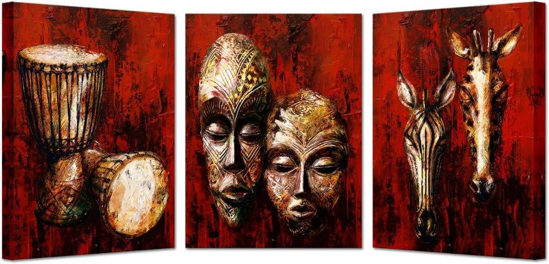 Photo 1 of KREATIVE ARTS Vintage Tribal African Canvas Art Authentic Masks, Drums, Zebra & Giraffe Wooden Symbols Painting Giclee Prints Artwork for Home, Living Room & Bedroom Each Panel 12x16 Inches
