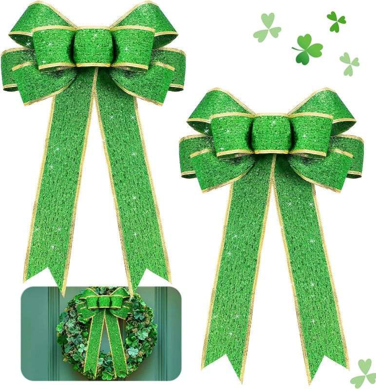 Photo 1 of 2 Pcs Large St. Patrick's Day Wreath Bow - Green Hanging Bows for Front Door, Decorative Irish Holiday Crafts Bows for Outdoor Indoor Tree Topper Home Wall Window, 9.8x11.8 in
