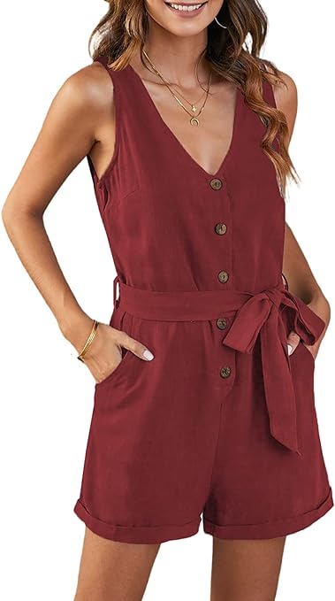 Photo 1 of SMALL MyFav Women's Summer Rompers V Neck Sleeveless Rompers Casual Shorts Jumpsuit with Pockets
