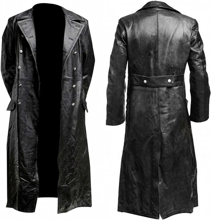 Photo 1 of tuduoms Mens Vintage Classic WW2 Officer Military Uniform Black Leather Trench Coat Jacket Long Trench Coat Motorcycle Jakcet
