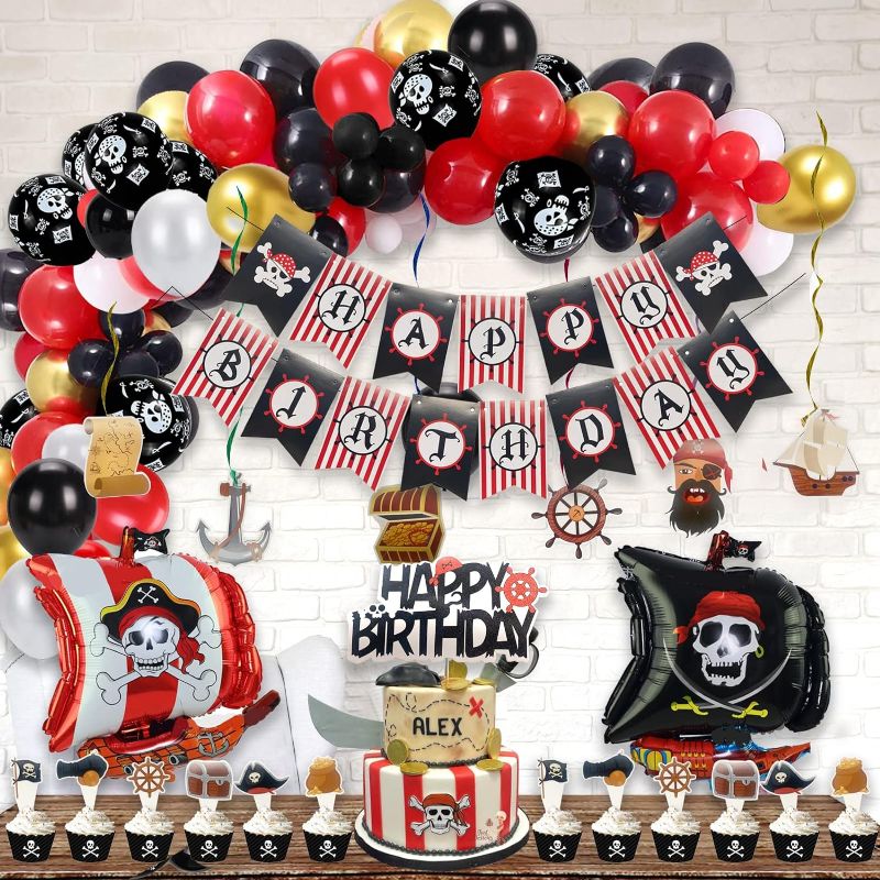 Photo 1 of 129 PCs Pirate Party Decorations, Hombae Pirate Themed Halloween Party Supplies Balloon Garland Arch Pirate Ship Hanging Swirl Treasure Chest Banner Cake Cupcake Topper Black White Red
