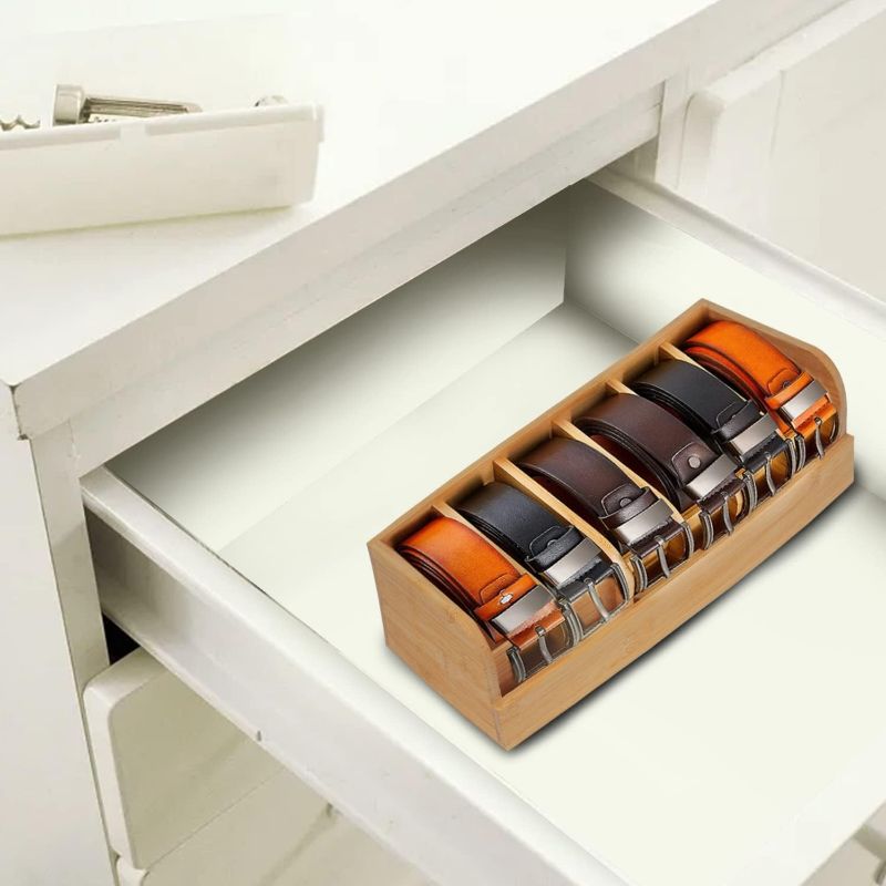 Photo 1 of Belt Organizer, 6 Compartments Belt Organizer for Closet and Drawer, Bamboo Display Case for Tie and Belt, Belt Storage Organizer for Men Women (1, Wood Color)