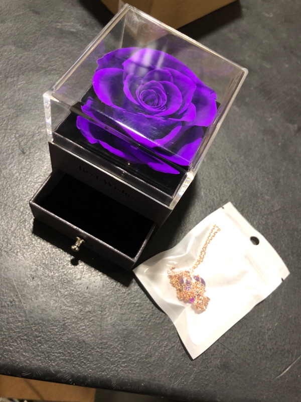 Photo 2 of Aphlos Preserved Real Rose with Heart Shape Crystal Necklace, Eternal Flowers Rose & Elegant Gift Box for Girlfriend Wife, Valentines Day Gifts for Her, Anniversary Birthday Gifts for Women Purple