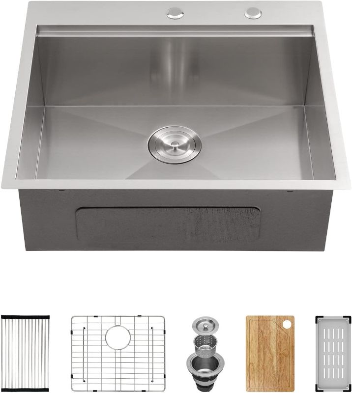 Photo 1 of Oumuch 25 Inch Drop In Kitchen Sink Stainless Steel 25" Topmount Single Bowl Workstation Kitchen Sink 18 Gauge 25x22 In Deep Basin

