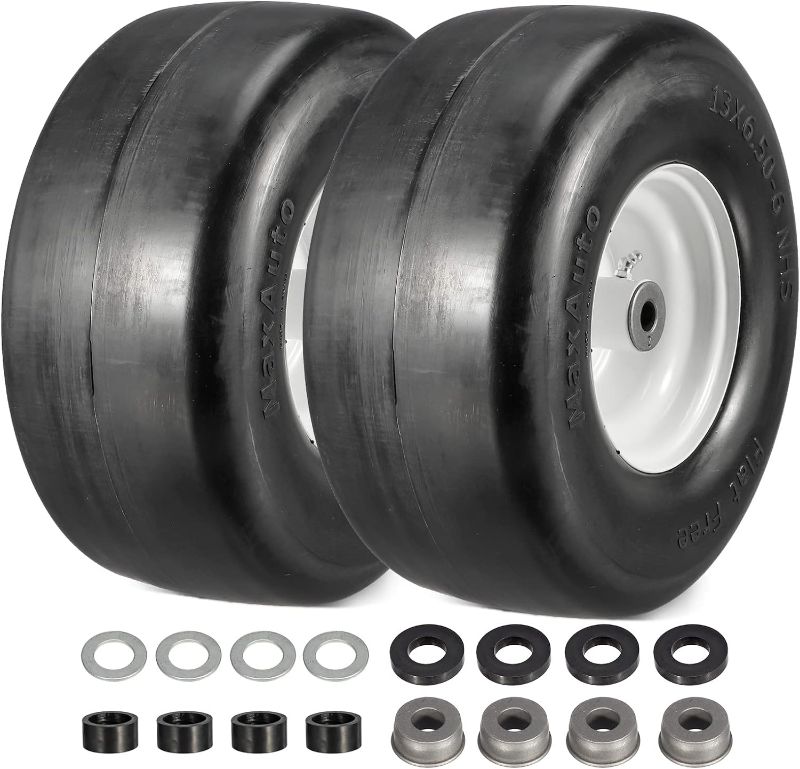 Photo 1 of MaxAuto Set of 2 13x6.50-6 Flat Free Lawn Mower Smooth Tires on Wheel for Lawn Mower Garden Tractor(4.0"Centered Hub - Hub Length 4"-4.5''-5.0''-5.5" with 5/8" or 3/4'' Sintered iron Bushing)
