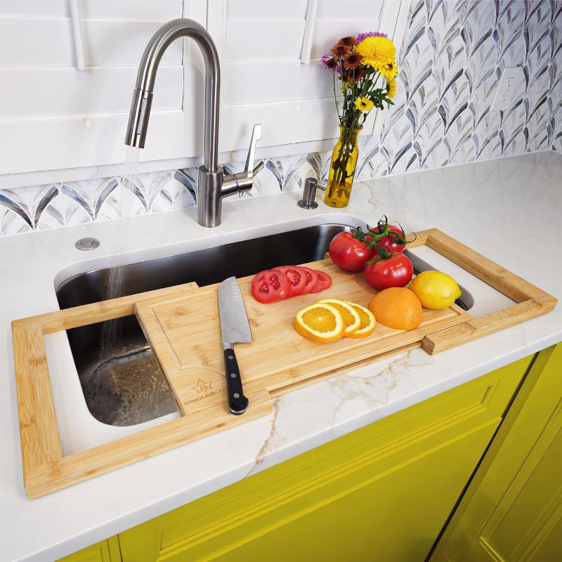 Photo 1 of [2024 UPGRADE] Kindled Ivys Expandable Bamboo Wooden Over The Sink Cutting Board - Extra Large XXL Expands Over Kitchen Sink to 33.5x11". Natural Bamboo, Serving Tray with Juice Groove

