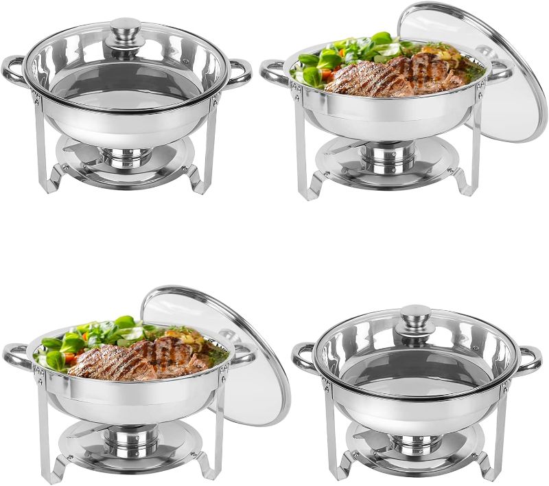 Photo 1 of IMACONE Chafing Dish Buffet Set 4 Pack, 5QT Round Stainless Steel Chafer for Catering in Glass Lid, Chafers and Buffet Warmer Sets w/Food & Water Pan, Lid, Frame, Fuel Holder for Event Party Holiday
