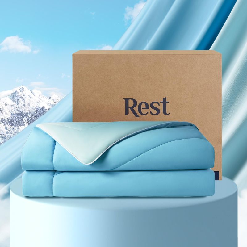 Photo 1 of REST® Evercool® Cooling Comforter, Good Housekeeping Award Winner for Hot Sleepers, All-Season Lightweight Blanket to Quickly Cool Down While Stay Warm All Night, Aqua Blue - King/Cali King 106"x90"
