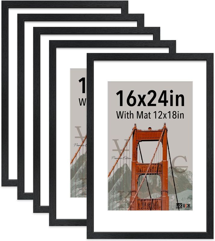 Photo 1 of VCK 16x24 frame 5 Pack, Display Poster 12x18 with Mat or 16x24 without Mat, Textured Exclusive Solid Wood Picture Frame, Black
