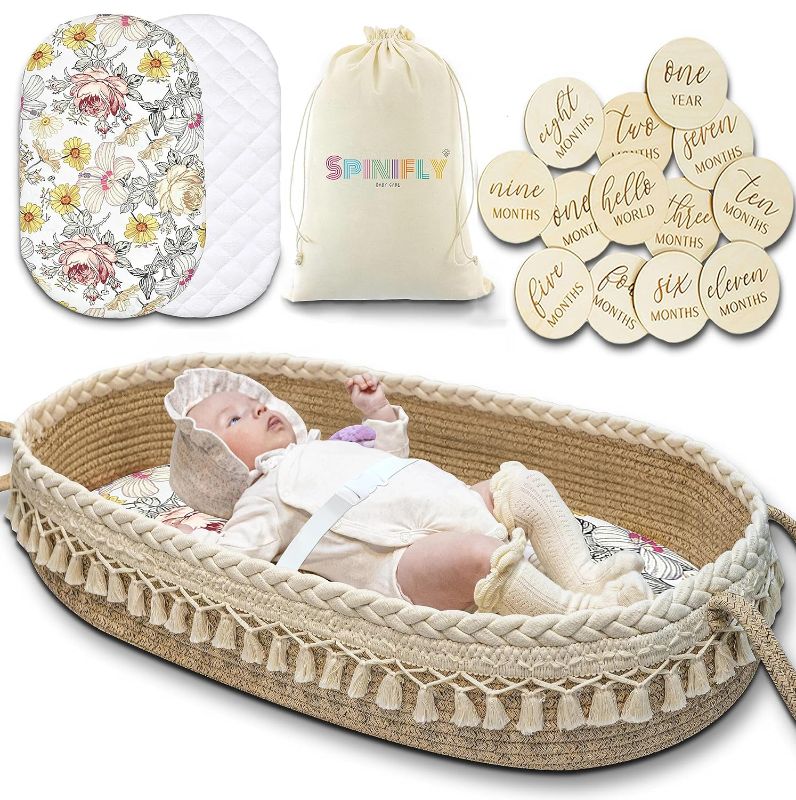 Photo 1 of Baby Changing Basket Kit - Macrame Boho Moses Basket for Babies, Handmade 100% Cotton, Woven Portable Nursery Decor, Waterproof Pad & Floral Pad, Milestone Cards, Changing Table Topper for Dresser
