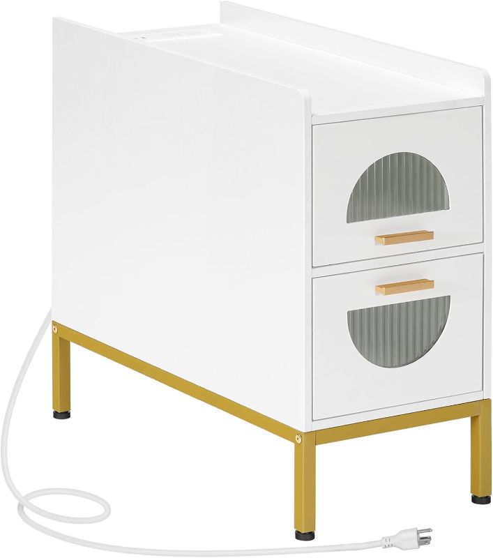 Photo 1 of HOOBRO Narrow Side Table with Charging Station, Mid Century Slim Nightstand for Small Spaces, End Table with 2 Drawers, Modern Style Bedside Table, for Home, Living Room, White and Gold 
