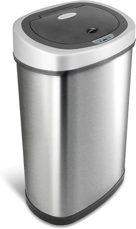 Photo 1 of NINESTARS DZT-50-9 Automatic Touchless Infrared Motion Sensor Trash Can, 13 Gal 50L, Stainless Steel Base (Oval, Silver/Black Lid)
