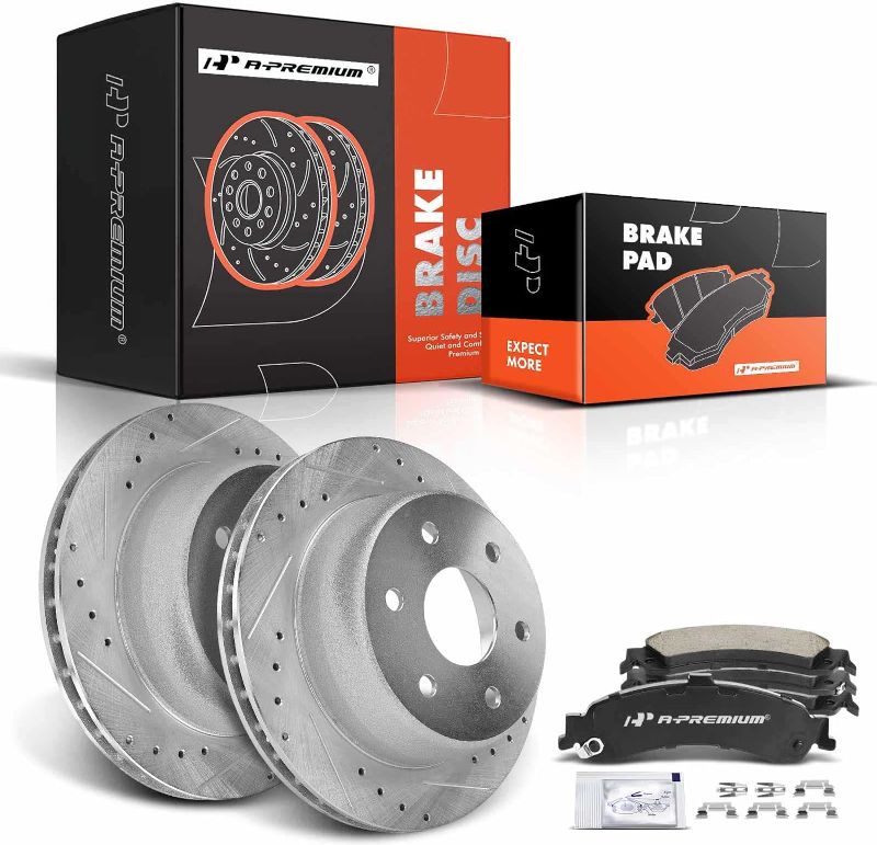 Photo 1 of A-Premium 12.99 inch(330 mm) Rear Drilled and Slotted Disc Brake Rotors+Ceramic Pads Kit Compatible with Select Cadillac, Chevy and GMC Models- Escalade, Avalanche 1500, Silverado 1500, Express 1500
