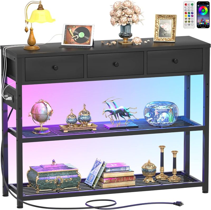 Photo 1 of Console Table for Entryway with Power Strip, Entryway Table with RGB LED Lights, Entry Table with Storage Drawers, Sofa Tables Narrow Long for Living Room, Couch, Hallway, Foyer, 47'', Black
