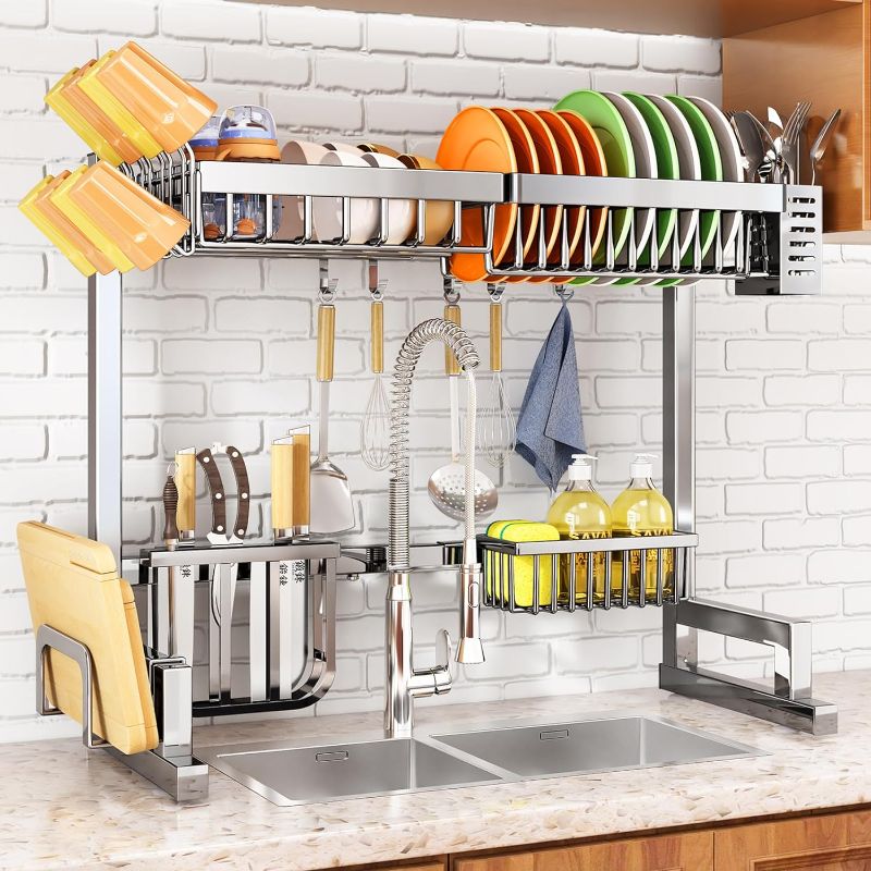 Photo 1 of Over The Sink Dish Drying Rack, Stainless Steel Adjustable (26.8" to 34.6") Large Dish Drainer Drying Rack for Kitchen Counter with Multiple Baskets Utensil Sponge Holder Sink Caddy, 2 Tier Silver
