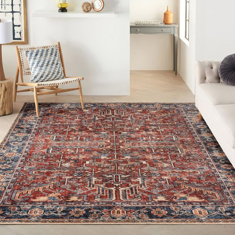 Photo 1 of Valenrug Washable Rug 9x12 - Ultra-Thin Antique Collection Area Rug, Stain Resistant Rugs for Living Room Bedroom, Distressed Vintage Rug(Red, 9'x12') Red/ Blue 9'x12'