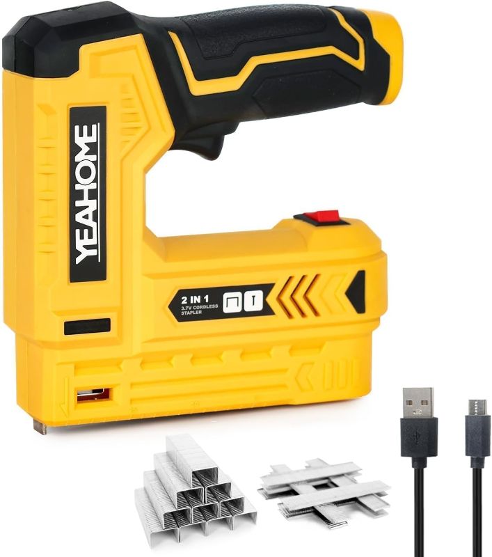Photo 1 of YEAHOME Electric Staple Gun, 2 in 1 Electric Brad Nailer/Stapler, 3.7V Power Cordless Stapler Tacker with USB Charger Cable, 1000 Staples for Upholstery, Material Repair and Carpentry… Electric, 2-in1 Staple Gun With 1000 Staples