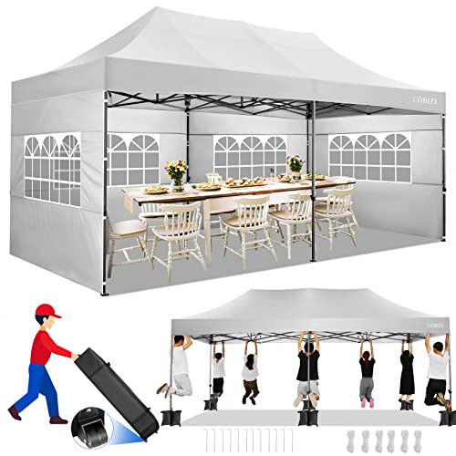 Photo 1 of COBIZI Canopy 10x20 Pop up Canopy Tents for Parties 3.0, Upgrade Structure Wind & Waterproof Easy up UV Blocking with 6 Sidewalls Outdoor Commercial Party Tent Gazebo, White