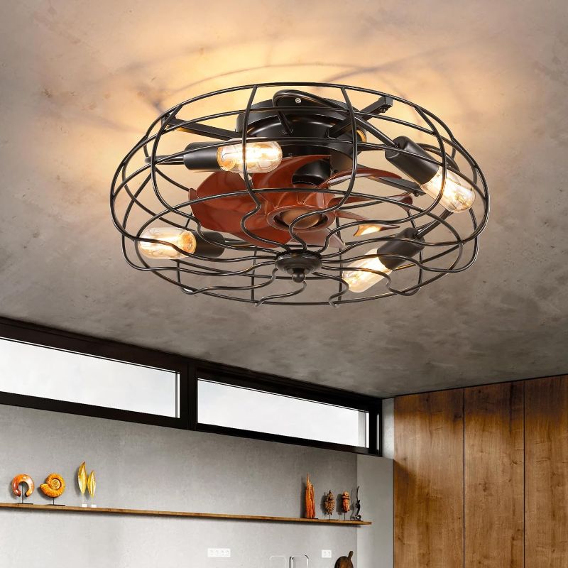 Photo 1 of 20" Flush Mount Caged Ceiling Fans with Lights - Black Bladeless Ceiling Fan with Remote and Reversible Blades, Small Farmhouse Ceiling Fan Light Fixture for Bedroom, Kitchen, Indoor, Covered Patios
