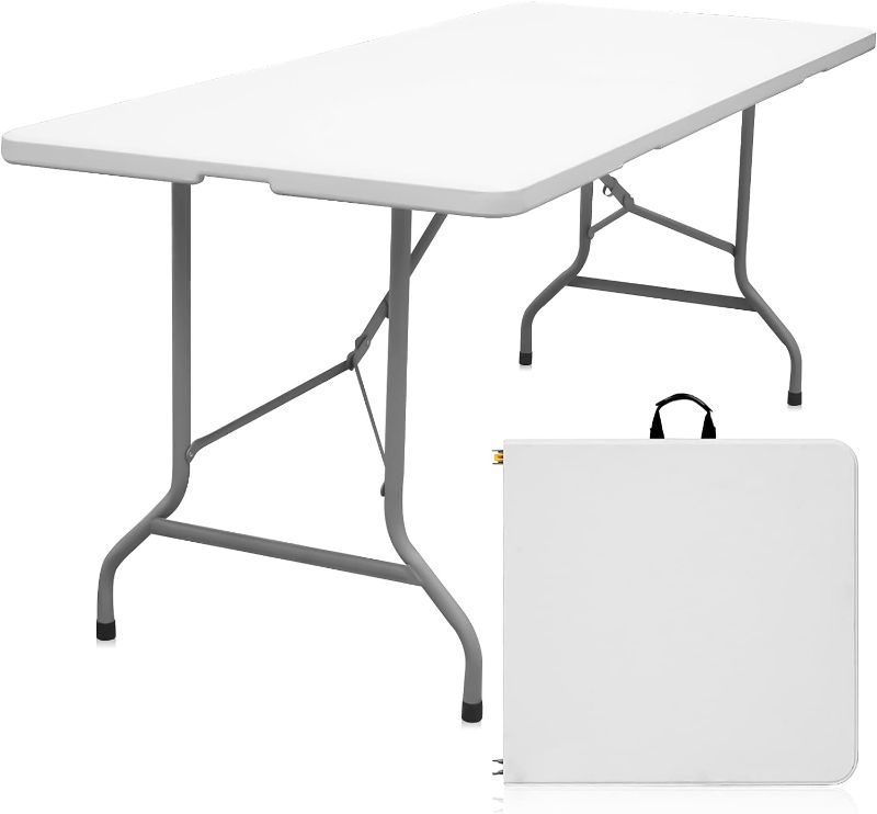 Photo 1 of Byliable Folding Table 6ft Portable Heavy Duty Plastic Fold-in-Half Utility Foldable Table Plastic Dining Table Indoor Outdoor for Camping, Picnic and Party, White
