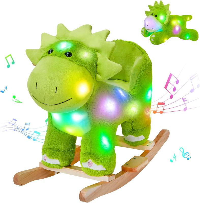 Photo 1 of Glow Guards Light up Music Dinosaur Rocking Horse Stuffed Animal Set of 2 with Glowing Singing Dinosaur Plush Toy Wooden Chair Seat Ride on Toys Gift for Ages 1-3 Toddlers Kids Baby (Dinosaur)
