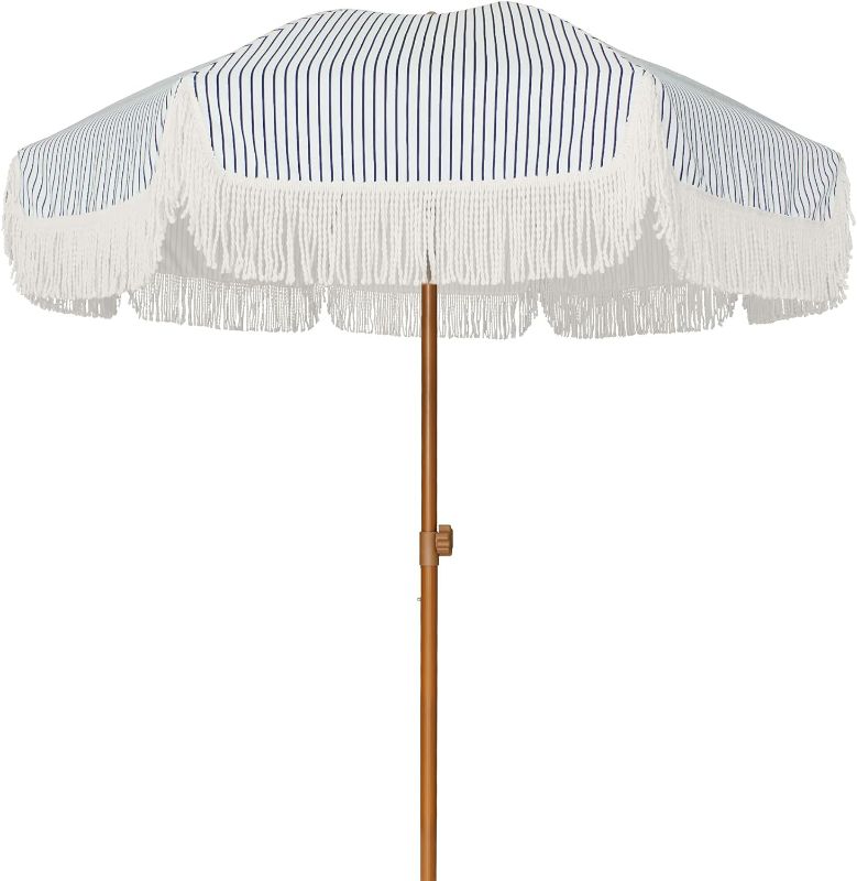 Photo 1 of AMMSUN 7ft Patio Umbrella with Fringe Outdoor Tassel Umbrella UPF50+ Premium Steel Pole and Ribs Push Button Tilt, Navy Blue Stripes
