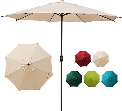 Photo 1 of  9ft Patio Umbrella Outdoor Market Table Umbrella with Push Button Tilt and Crank for Garden, Lawn, Deck, Backyard & Pool, 8 Sturdy Ribs, Beige
