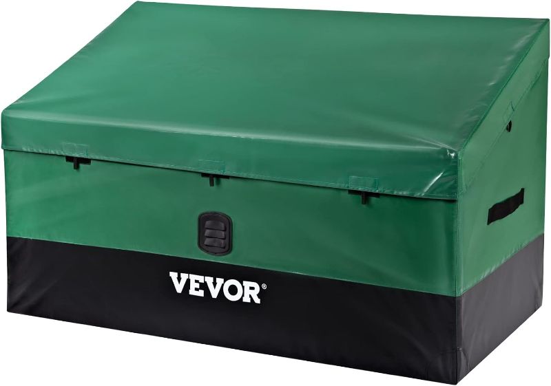 Photo 1 of VEVOR Outdoor Storage Box, 100 Gallon Waterproof PE Tarpaulin Deck Box w/Galvanized Frame, All-Weather Protection & Portable, for Camping, Garden, Poolside, and Yard, Black & Green
