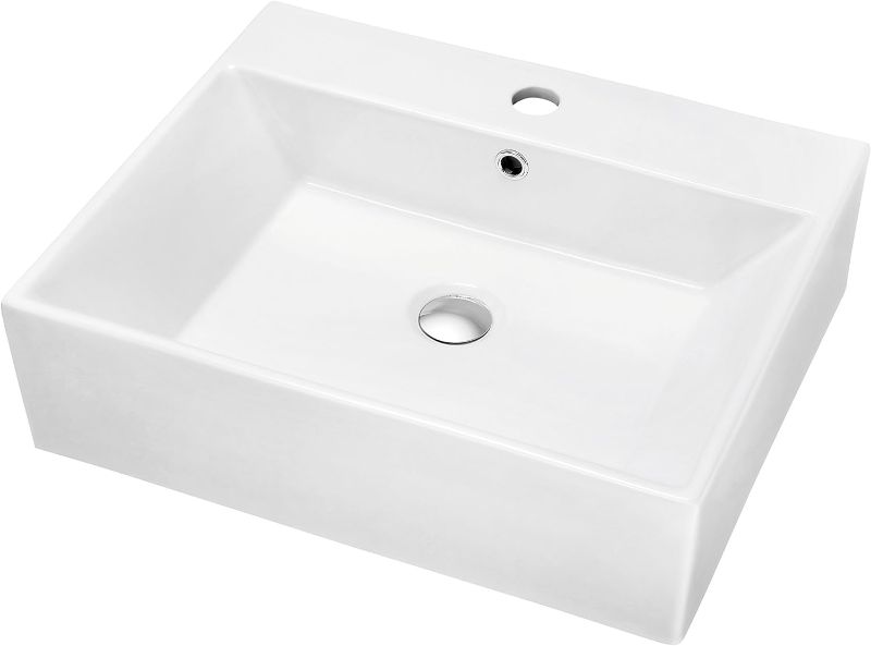 Photo 1 of Contemporary Vessel Above-Counter Rectangle Ceramic Art Basin with Single Hole for Faucet and Overflow, White
