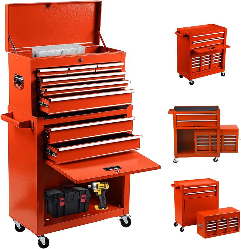 Photo 1 of  Rolling Tool Chest 2 in 1 High Capacity Tool Box Detachable Organizer Tool Storage Cabinet with 4 Wheels & Lockable Lined Drawers for Garage Warehouse Workshop (Red)
