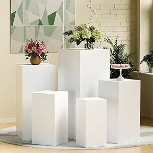 Photo 1 of Geetery 5 Pcs Metal Display Pedestal Stand Pillars White Pedestal Stand for Weddings Rectangle Plinths Display Pedestal Columns Cake Table Decor for Baby Shower Decorations Reception Parties, 5 Sizes