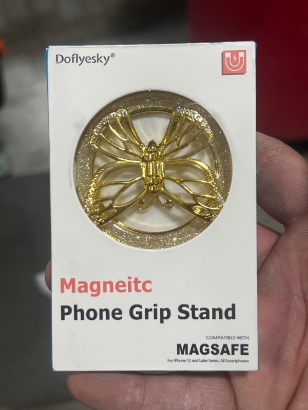 Photo 2 of Doflyesky 2024 Upgrade Magnetic Phone Grip Compatible with MagSafe, Butterfly Phone Grip Holder Finger Kickstand for MagSafe, Adapter Ring for MagSafe Included (Gold Bling Gold)