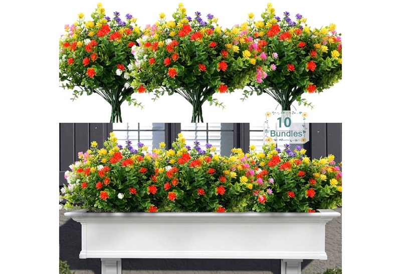 Photo 1 of Satefello 10 Bundles Artificial Flowers, Outdoor UV Resistant Fake Faux Plastic Plants Spring Flowers for Decoration of Vase and Outside Window Box Hanging Planter Decor(Mix Color)