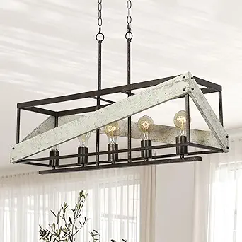 Photo 1 of DOCHEER Rectangle Farmhouse Kitchen Island Chandelier Ceiling Pendant Lights Fixture White 5-Light Linear White Washed Wood&Metal Chandeliers Adjustable Lighting for Living Room, Pool Table, Bar