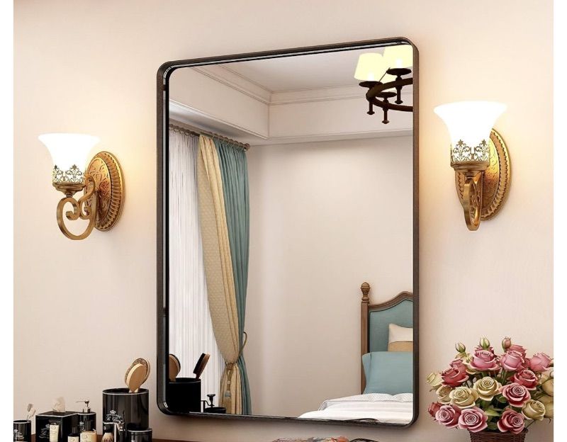 Photo 1 of FRALIMK Bathroom Mirror 27x35 Inch Vanity Mirror with Black Metal Frame Rectangle Wall Mirrors for Bedroom, Modern Decorative