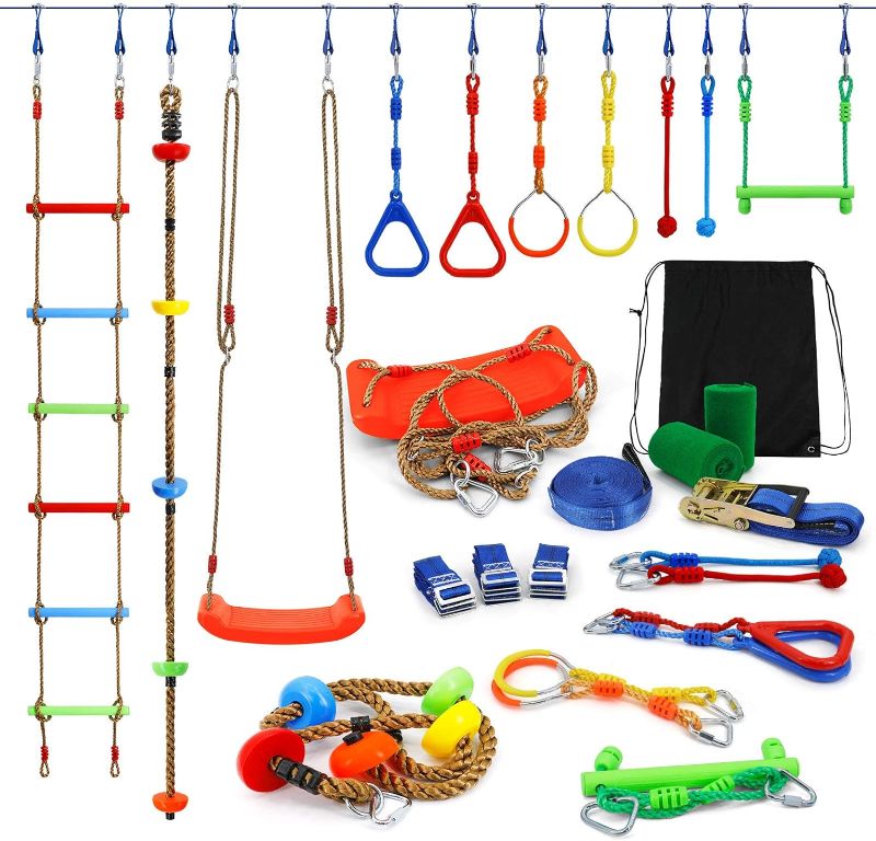 Photo 1 of Kawuneeche Ninja Warrior Obstacle Course Kit for Kids Ninja Slackline with 10 Accessories Monkey Bars, Ladder, Climbing Rope, Gym Rings, Swing, Monkey Fist for Backyard Training Equipment
